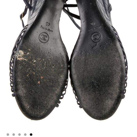 CHANEL Navy/ Black Wedge Sandals with High Heel and Strappy Design Sz 40 - Picture 5 of 5